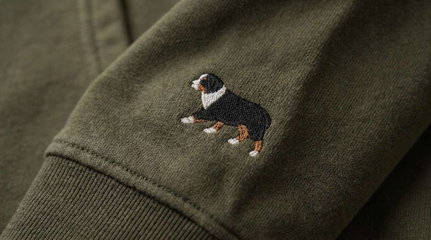 A small embroidered Australian Shepherd on the left sleeve